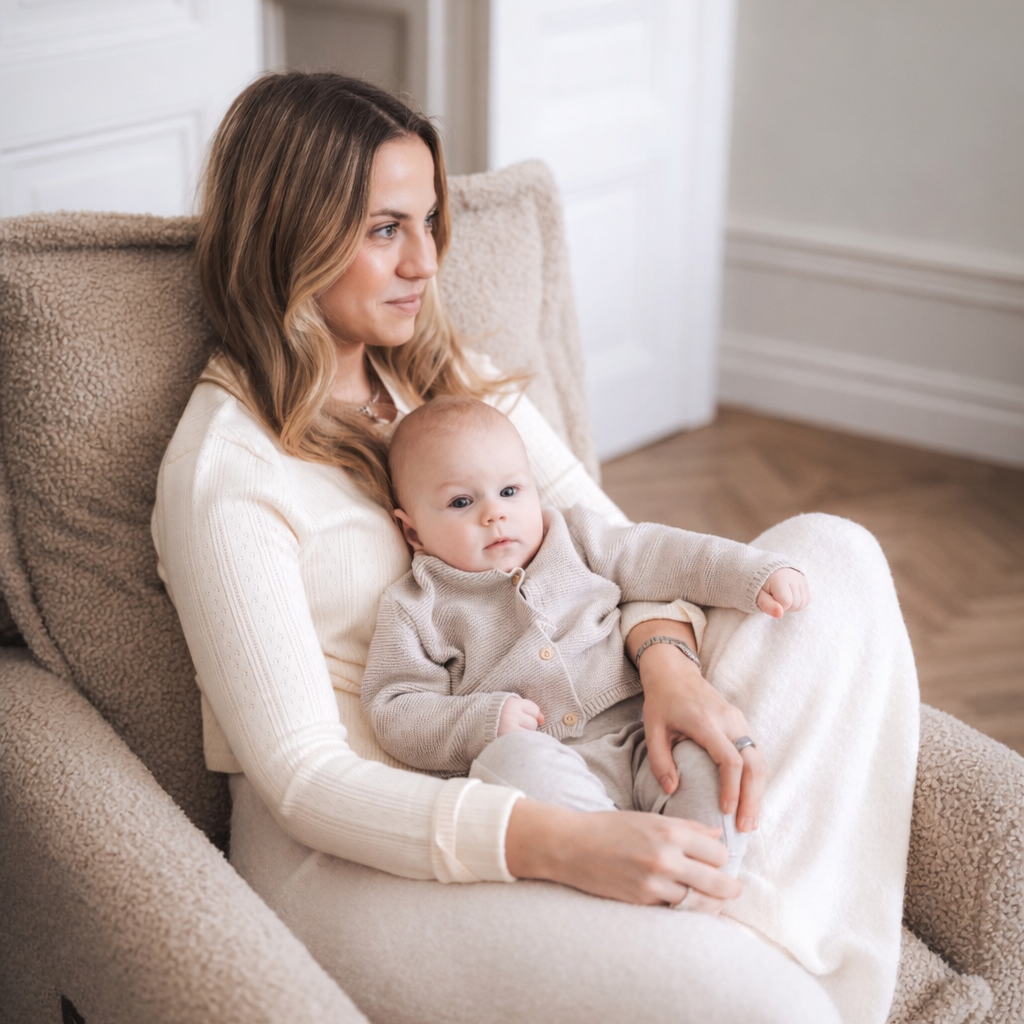 Woman sitting in a chair holding a baby in a home setting